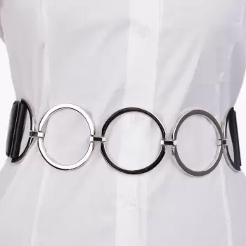 Curea flexibila cu 3 cercuri metalice argintii de 7 cm cu material elastic negru la spate imagine