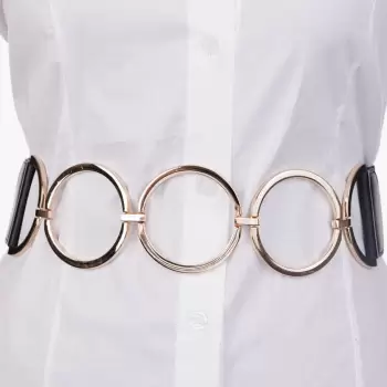 Curea flexibila cu 3 cercuri metalice aurii de 7 cm cu material elastic negru la spate imagine