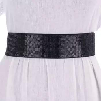 Curea flexibila neagra 6 cm cu material elastic negru la spate si strasuri negre pe fata imagine