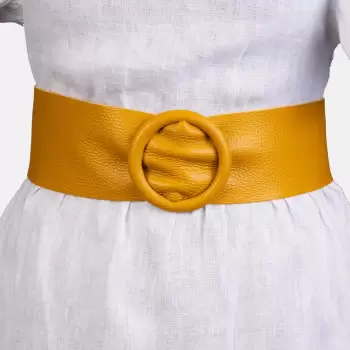 Curea galben mustar din piele naturala cu latime de 7 cm, catarama rotunda imbracata in piele imagine