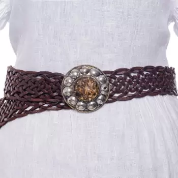 Curea impletita din piele naturala lucrata manual cu catarama metalica decorativa, maron imagine