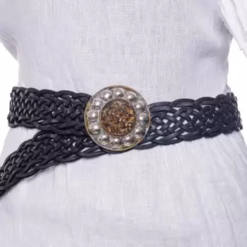 Curea impletita din piele naturala lucrata manual cu catarama metalica decorativa, negru imagine