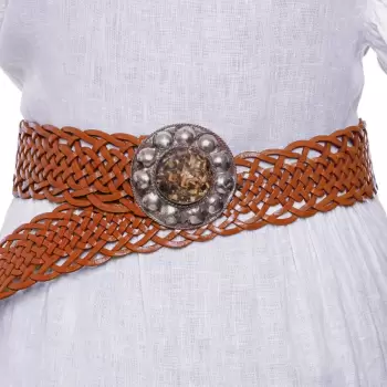Curea impletita din piele naturala lucrata manual cu catarama metalica decorativa, portocaliu imagine