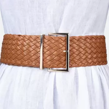 Curea impletita maro deschis de 7 cm, din piele ecologica cu catarama metalica aurie dreptunghiulara imagine