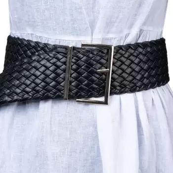 Curea impletita neagra de 7 cm, din piele ecologica cu catarama metalica aurie dreptunghiulara imagine