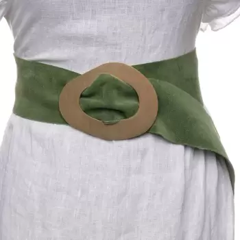 Curea kaki din piele intoarsa naturala cu latime de 8 cm, catarama aurie neregulata imagine