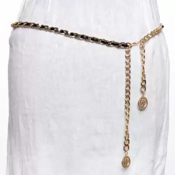 Curea lant auriu cu insertie din piele ecologica neagra si decoratiune banuti la ambele capate imagine