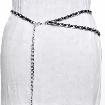 Curea lant dublu argintiu cu insertie din piele ecologica neagra si decoratiune banut la capat imagine