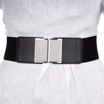 Curea lata 6 cm neagra din material elastic cu pafta metalica patrata argintie imagine