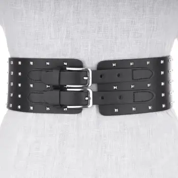 Curea lata 8 cm neagra din material elastic cu 2 catarame metalice si tinte argintii imagine