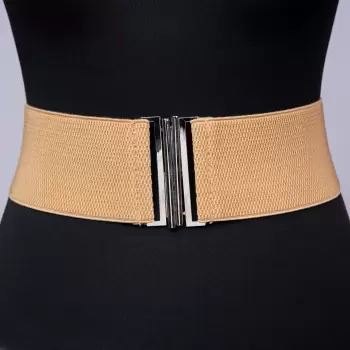 Curea lata bej din material elastic- 7,5 cm imagine