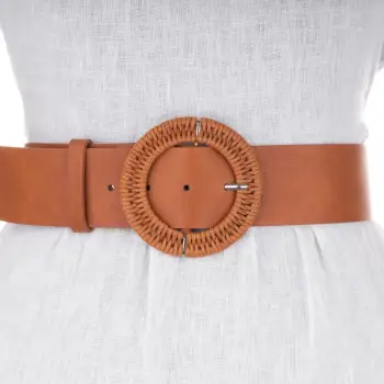 Curea lata camel de 5 cm, din piele ecologica cu catarama metalica argintie imbracata in impletitura imagine