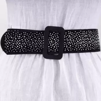 Curea lata catifea neagra cu catarama din catifea si aplicatii de strasuri albe imagine
