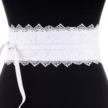 Curea lata de 10 cm petrecuta alba cu aplicatie din broderie textila imagine