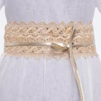 Curea lata de 10 cm petrecuta cu aplicatie din broderie textila, aurie imagine