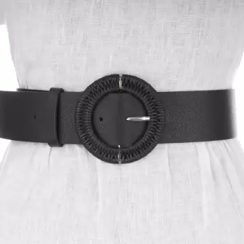 Curea lata neagra de 5 cm, din piele ecologica cu catarama metalica argintie imbracata in impletitura imagine