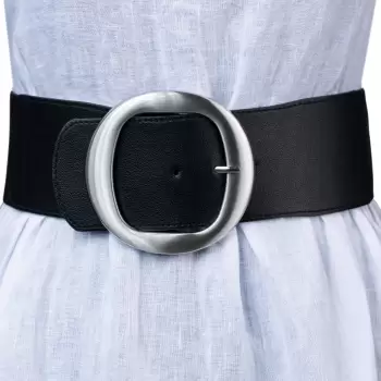 Curea lata neagra de 7.5 cm, din material elastic cu catarama metalica argintie rotunda imagine