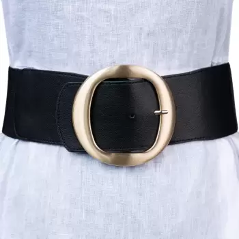 Curea lata neagra de 7.5 cm, din material elastic cu catarama metalica aurie rotunda imagine