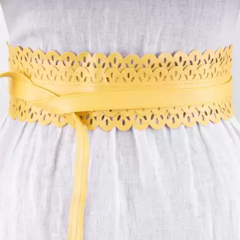 Curea lata petrecuta, din piele ecologica cu model decupat, galbena imagine