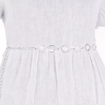 Curea metalica argintie cu cercuri si strasuri albe, flexibila cu lant de prelungire imagine