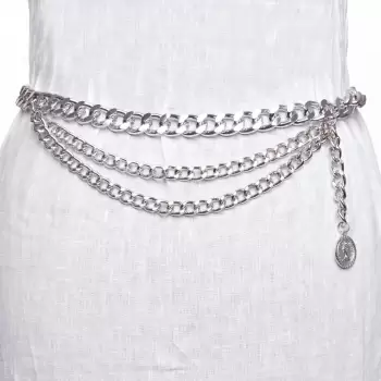 Curea metalica argintie cu model lant si alte 2 lanturi decorative imagine
