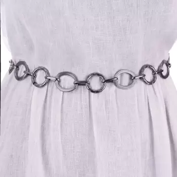 Curea metalica argintiu inchis cu cercuri neregulate, flexibila cu lant de prelungire imagine