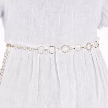 Curea metalica aurie cu cercuri si strasuri albe, flexibila cu lant de prelungire imagine