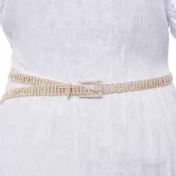 Curea metalica aurie cu strasuri albe de 1.5 cm, flexibila cu catarama dreptunghiulara imagine