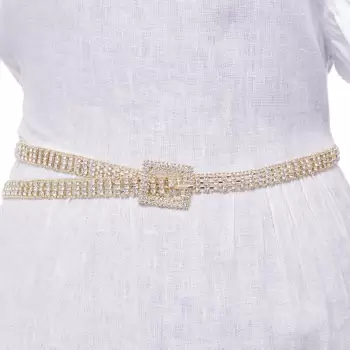 Curea metalica aurie cu strasuri albe de 1.5 cm, flexibila cu catarama patrata imagine