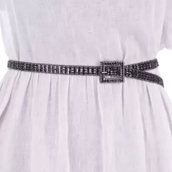 Curea metalica neagra cu strasuri negre de 1.5 cm, flexibila cu catarama patrata imagine