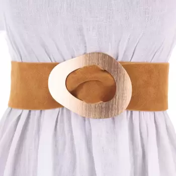 Curea mustar din piele intoarsa naturala cu latime de 8 cm, catarama aurie neregulata imagine