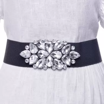 Curea neagra 6 cm latime din material elastic, cu decoratiune din sticla argintie imagine