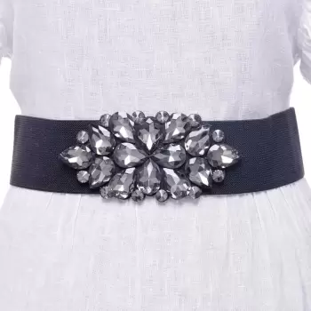 Curea neagra 6 cm latime din material elastic, cu decoratiune din sticla fumurie imagine