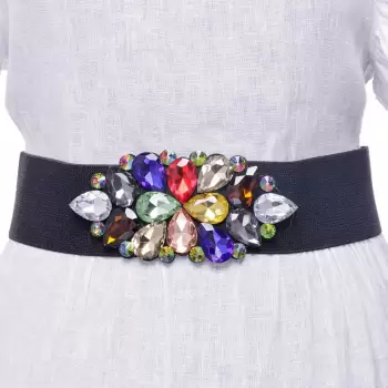 Curea neagra 6 cm latime din material elastic, cu decoratiune din sticla multicolora imagine