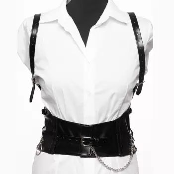 Curea neagra cu catarama argintie cu lant si bretele, din imitatie piele imagine