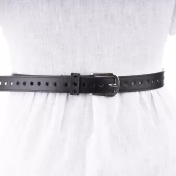 Curea neagra de 2.5 cm cu flori decupate, din piele ecologica cu catarama metalica argintie imagine