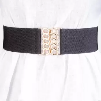 Curea neagra de 6 cm, din material elastic cu catarama aurie imagine