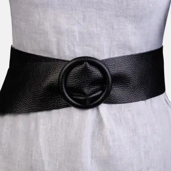 Curea neagra din piele naturala cu latime de 7 cm, catarama rotunda imbracata in piele imagine