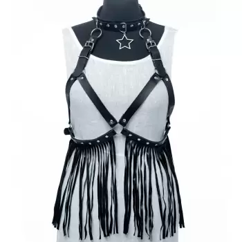 Curea neagra fantezista cu catarame argintii si bretele din imitatie piele, cu franjuri lungi imagine