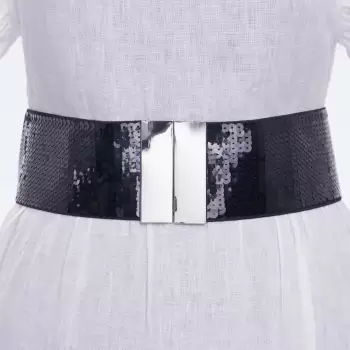 Curea neagra lata de 7.5 cm din material elastic acoperita complet cu paiete negre imagine