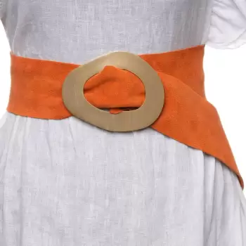 Curea portocalie din piele intoarsa naturala cu latime de 8 cm, catarama aurie neregulata imagine