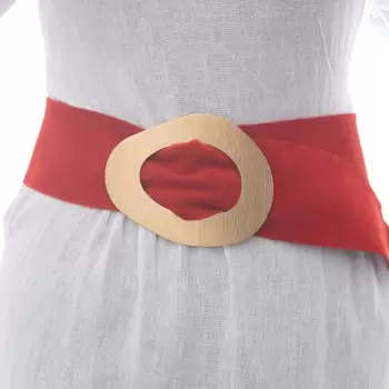 Curea rosie din piele intoarsa naturala cu latime de 8 cm, catarama aurie neregulata imagine