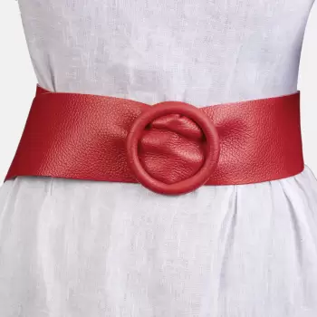 Curea rosie din piele naturala cu latime de 7 cm, catarama rotunda imbracata in piele imagine