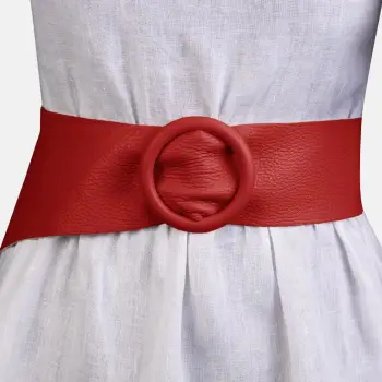 Curea rosie din piele naturala cu latime de 7 cm, catarama rotunda imbracata in piele imagine