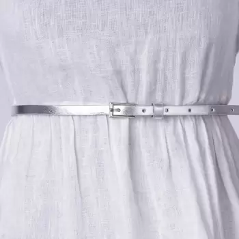 Curea subtire argintie de 0.9 cm, din piele ecologica cu catarama metalica argintie dreptunghiulara imagine