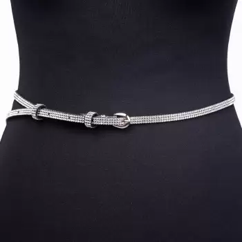 Curea subtire de 7 mm cu strasuri argintii aplicate pe piele ecologica neagra imagine