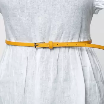 Curea subtire galbena de 0.9 cm, din piele ecologica cu catarama metalica argintie dreptunghiulara imagine