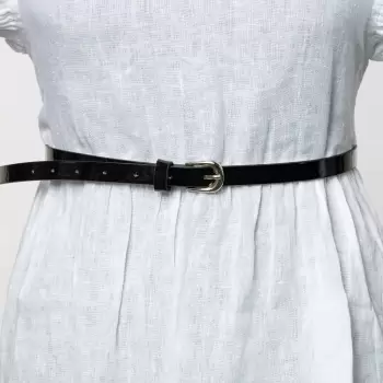 Curea subtire negru lucios,1 cm, din piele ecologica cu catarama metalica argintie rotunjita imagine