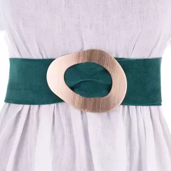 Curea turcoaz inchis din piele intoarsa naturala cu latime de 8 cm, catarama aurie neregulata imagine