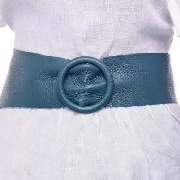 Curea turcoaz inchis din piele naturala cu latime de 7 cm, catarama rotunda imbracata in piele imagine